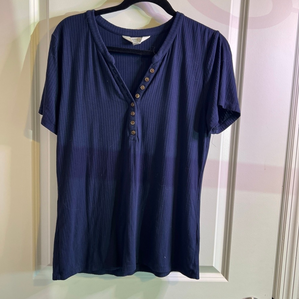 Market Spruce Navy Ribbed Short Sleeve Henley Top‎ XL Minimalist Basic Capsule